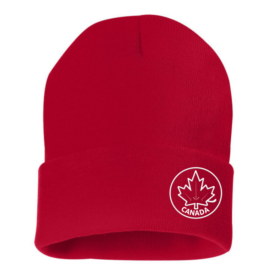 Red beanie with a white maple leaf and 'Canada' logo on a white background