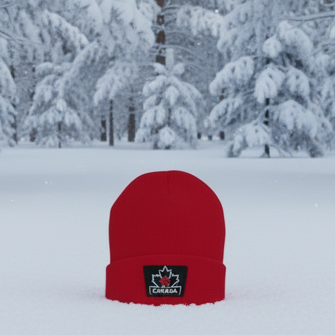 Red beanie with a Canada maple leaf logo on a white background