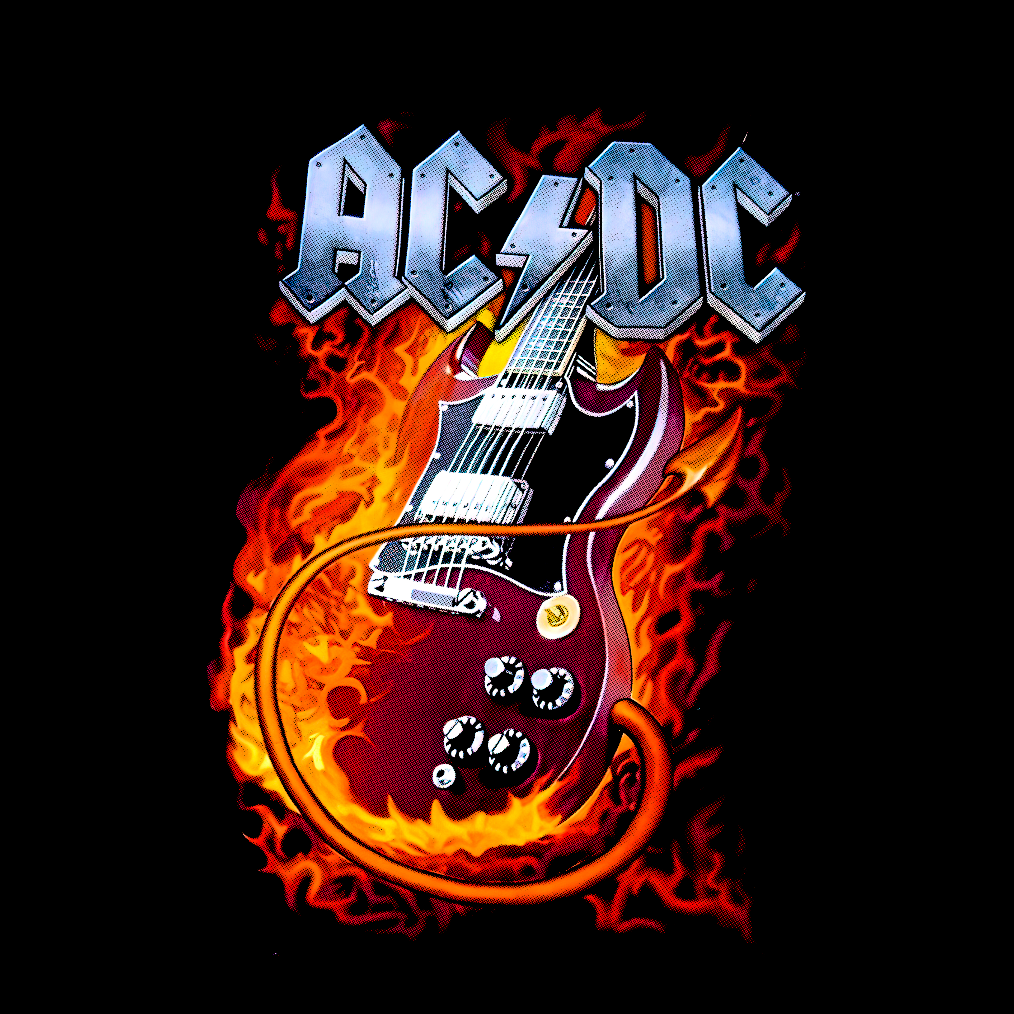 AC/DC logo with a guitar surrounded by flames on a black background