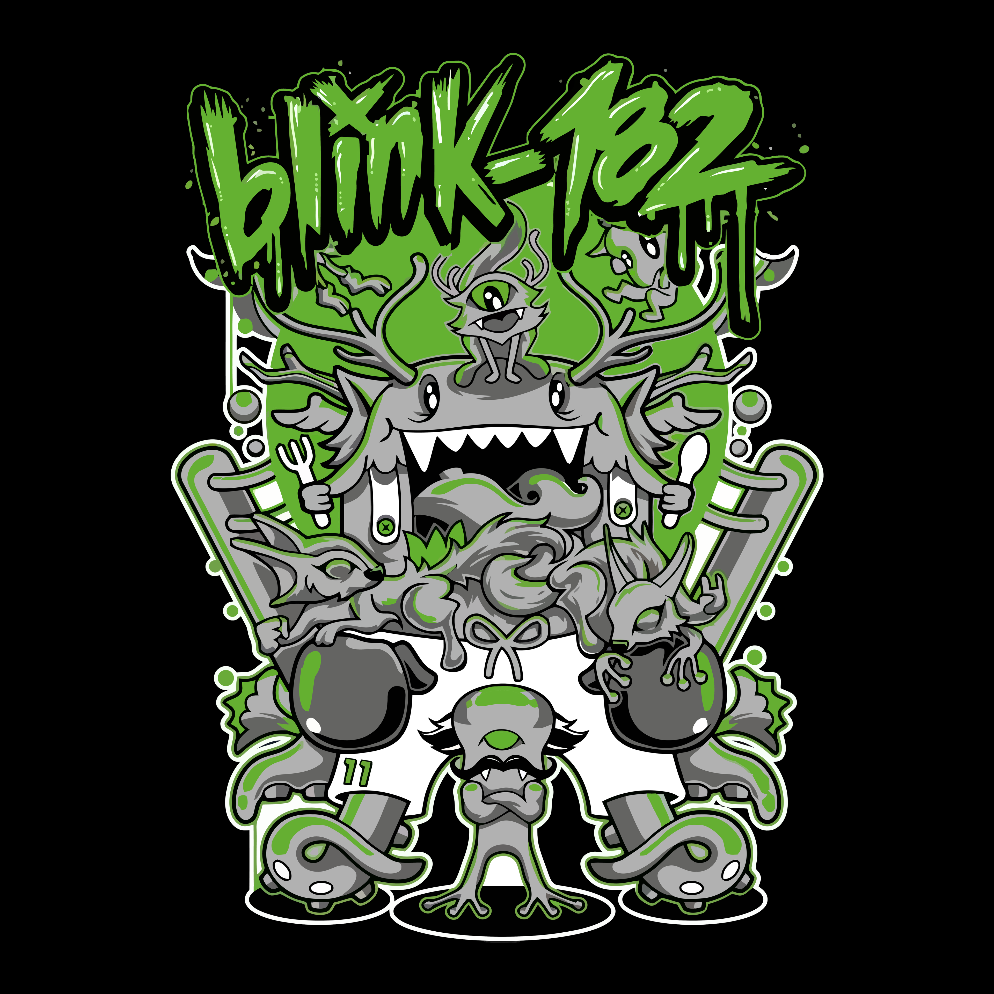 Illustration with 'blink-182' logo and character design on a black background