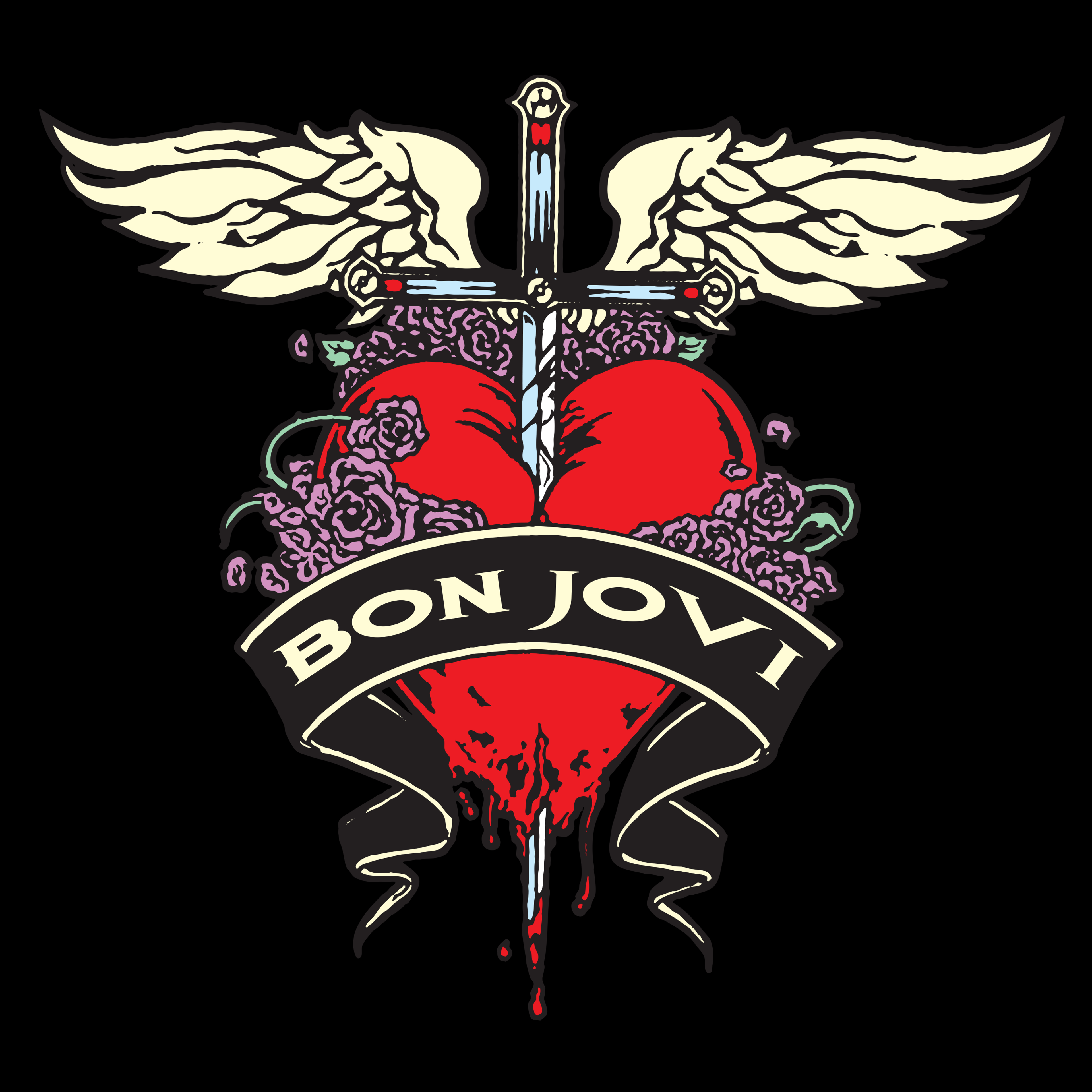 Logo with a sword, wings, and roses with 'Bon Jovi' text on a black background