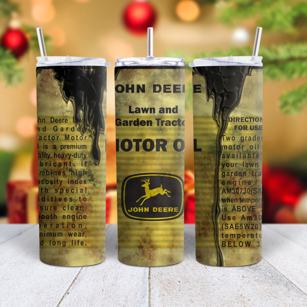 John Deere-themed tumblers with vintage oil can design on a blurred background.