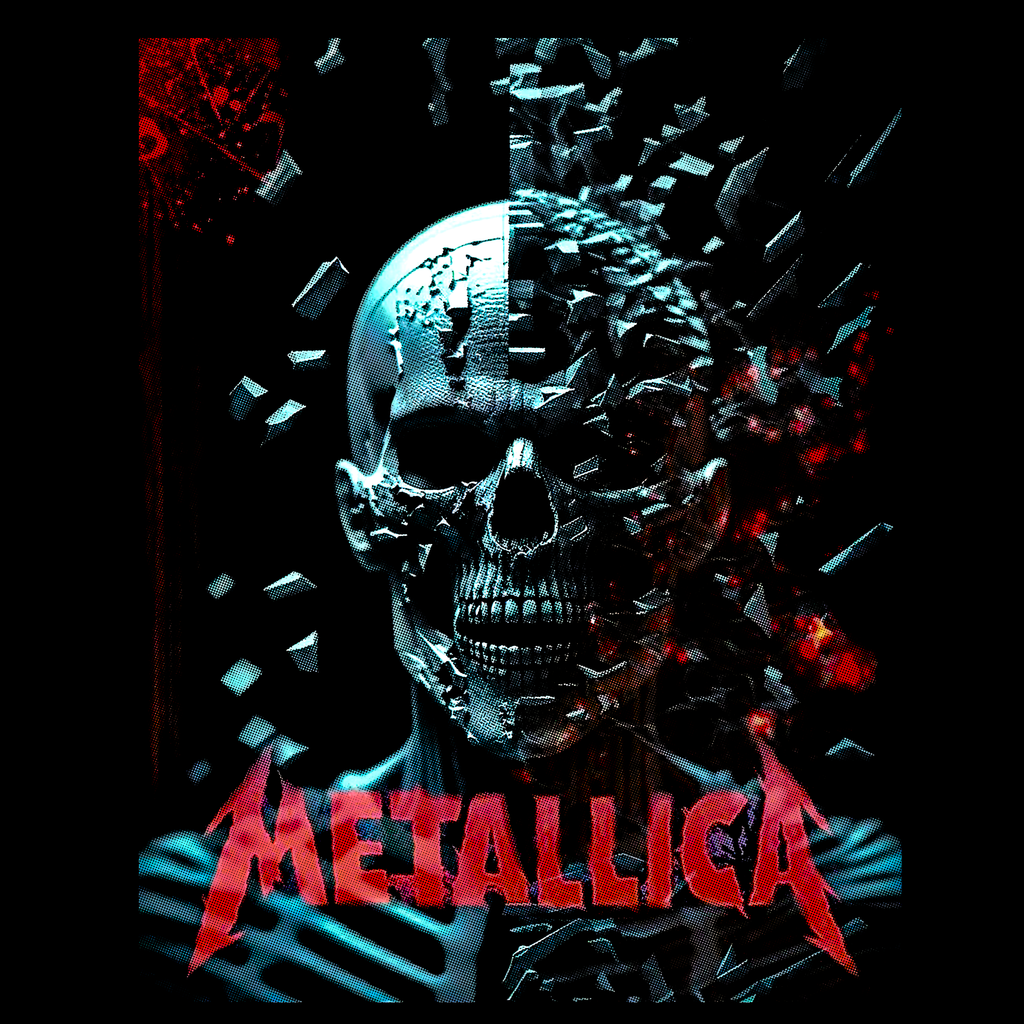 Metallica album cover with a stylized skull and shattered glass effect.