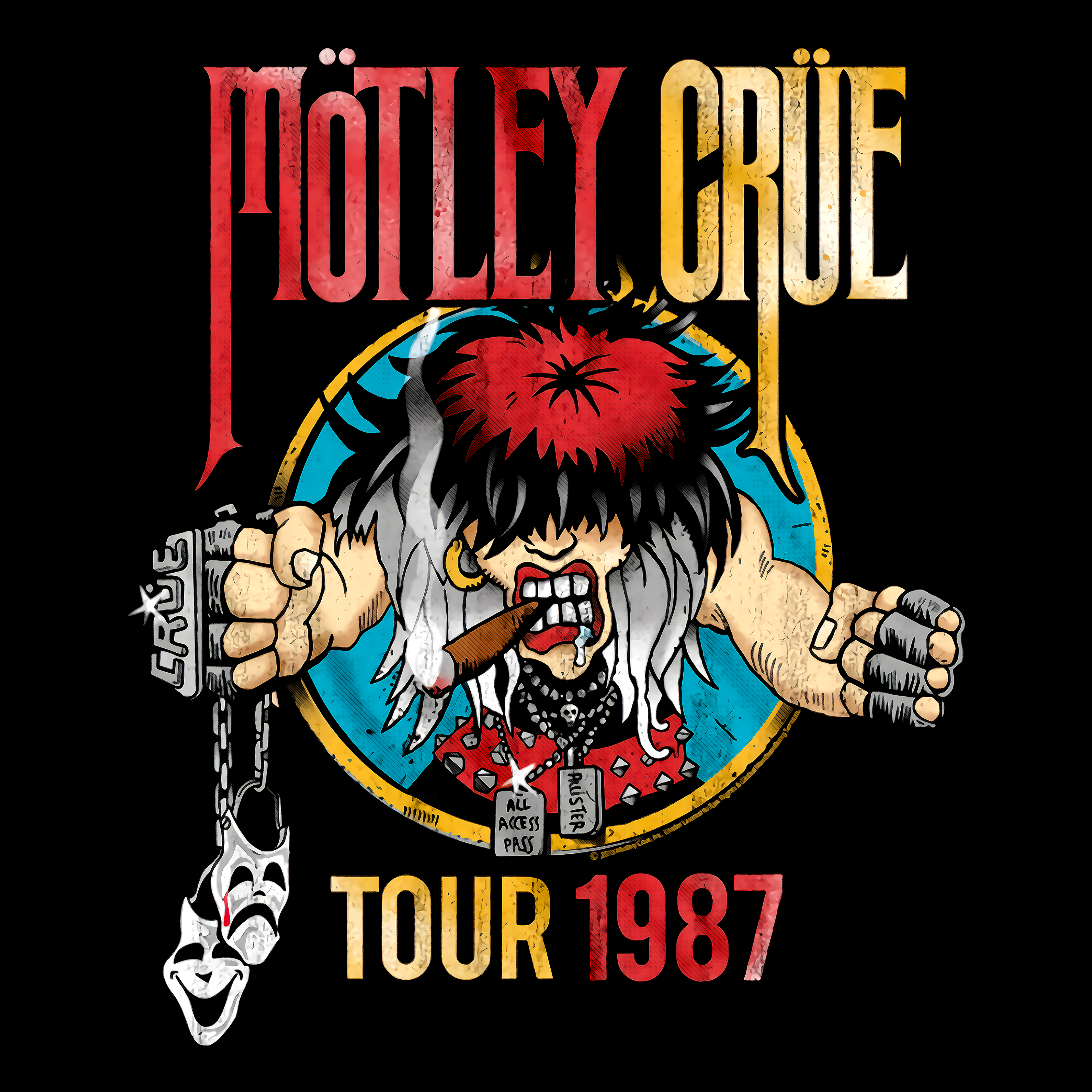 Motley Crée tour 1987 graphic with a character holding a guitar and chain on a black background.
