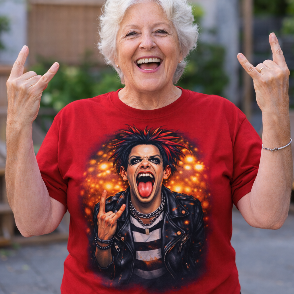 Person wearing a red t-shirt with a graphic design, making rock hand signs.