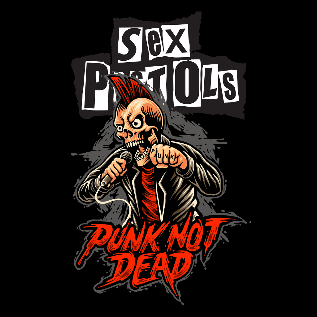Illustration of a punk rocker with text 'Sex Pistols Punk Not Dead' on a black background