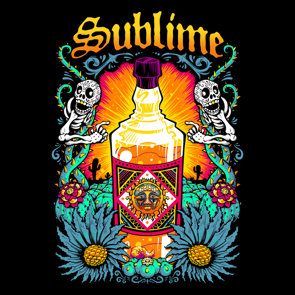 Colorful graphic of a bottle with skeletons and floral elements, featuring the word 'Sublime'.