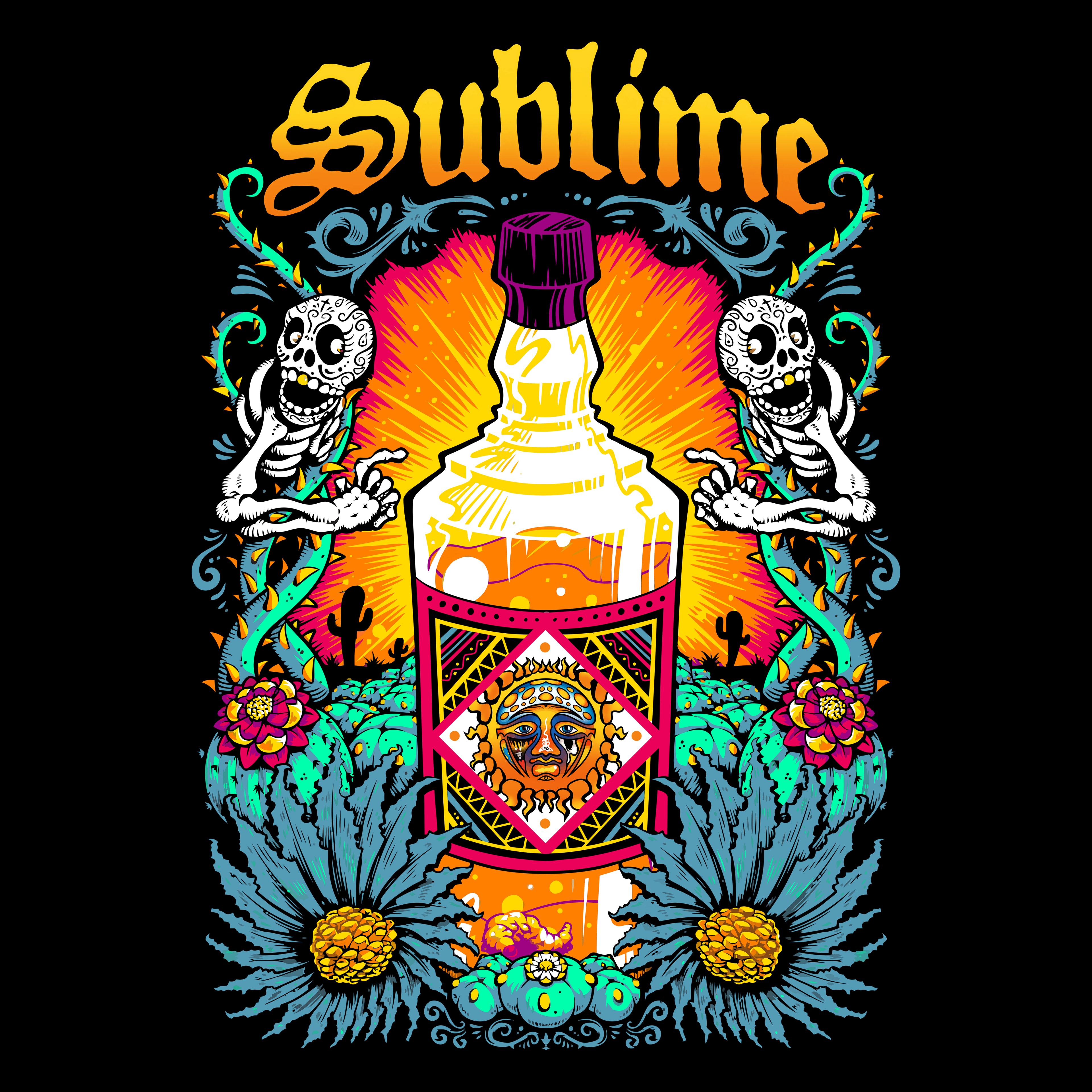 Colorful graphic of a bottle with skeletons and floral elements, featuring the word 'Sublime'.
