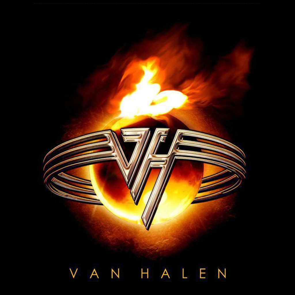 Van Halen logo with flames on a black background