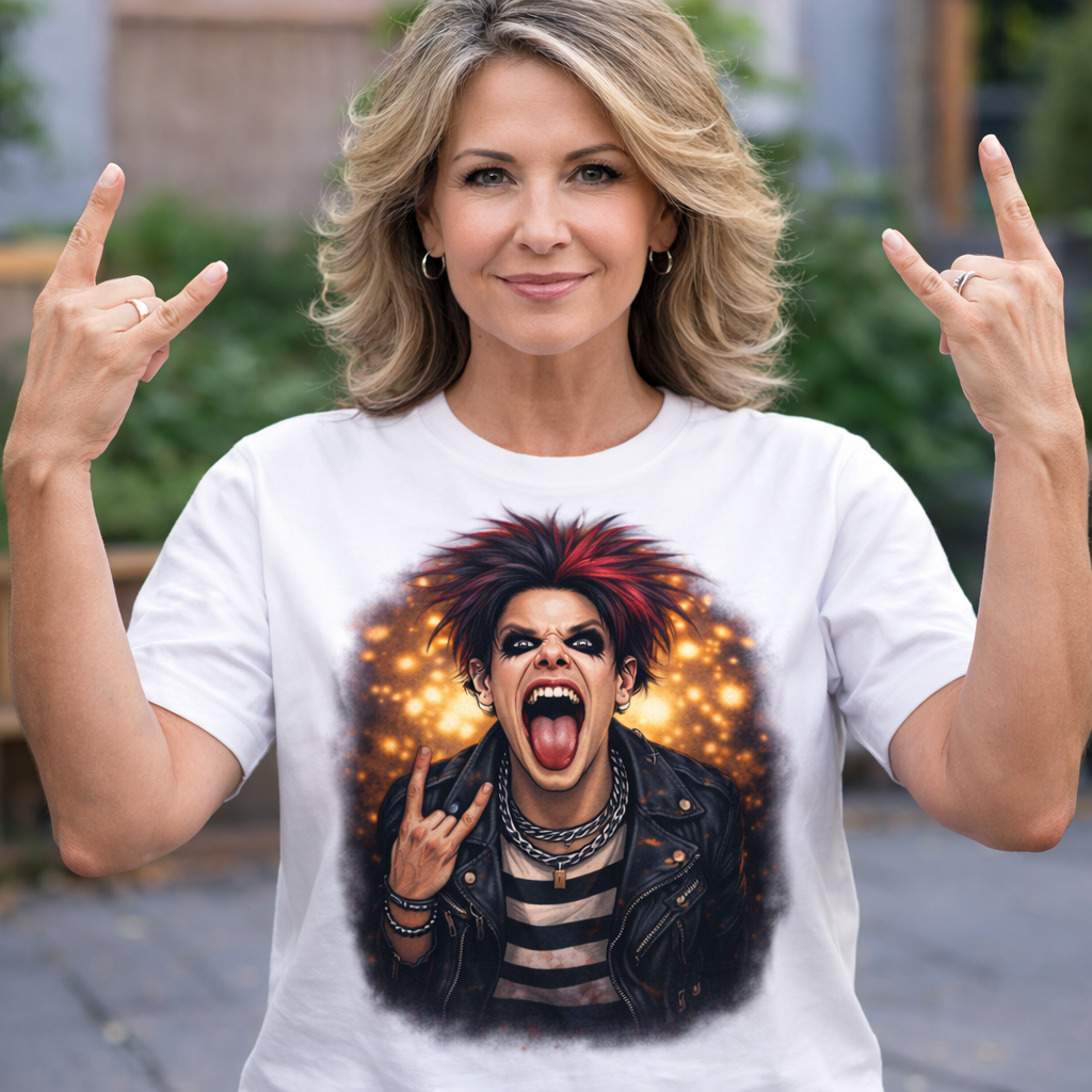 Woman wearing a white t-shirt with a graphic design of a person with red hair and dark makeup, making a rock sign with her hands.