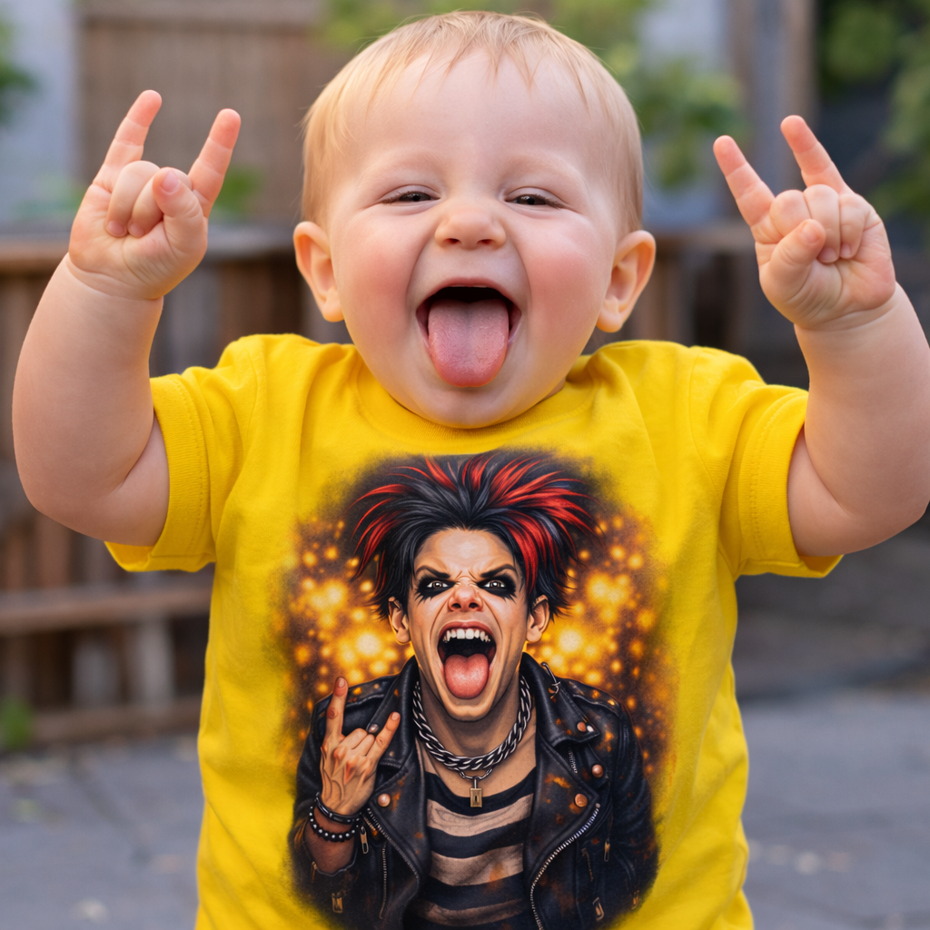 Child wearing a yellow t-shirt with a graphic design, making rock signs with hands.