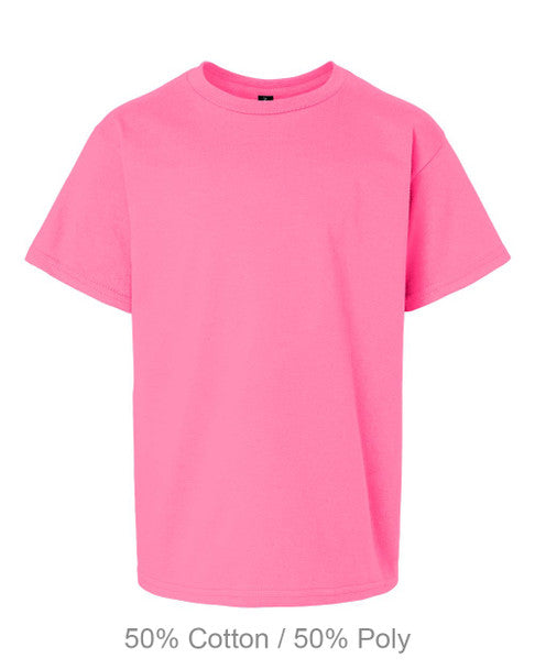 Pink t-shirt on a white background with '50% Cotton / 50% Poly' text.